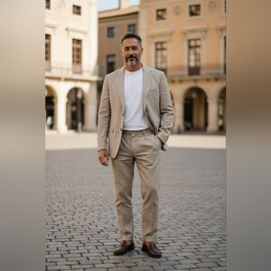 Jos A Bank 2-Pcs Suit Tan Micro Check Blazer Sz 44R Pants 38 x 28 Wool Blend